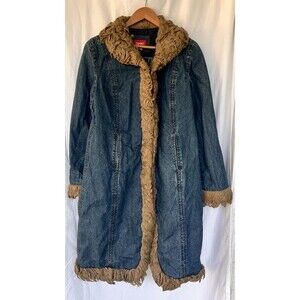 Vintage Y2K Penny Lane Faux Fur Trim Denim Long Coat Large Grunge Mob Wife